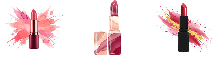 Three lipsticks with watercolor splashes in pinks reds and yellows on a plain setting for cosmetics on transparent background