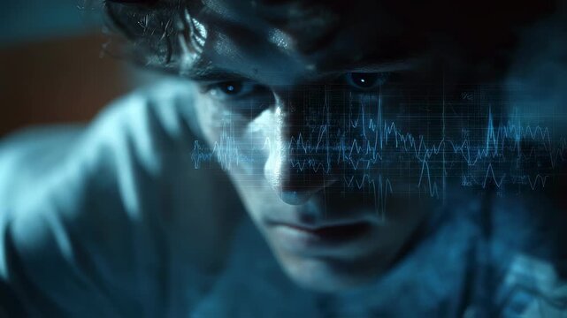 Focused medium frame showing a sleepers tense face blurred shadow shapes surrounding with animated REM wave charts explaining the neurological basis of sleep paralysis.