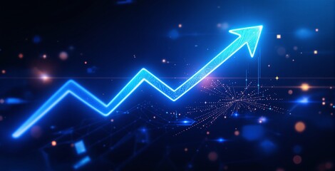 Glowing upward arrow showing business growth and success trend with futuristic neon design on digital abstract background, symbolizing progress and innovation. Ai generative