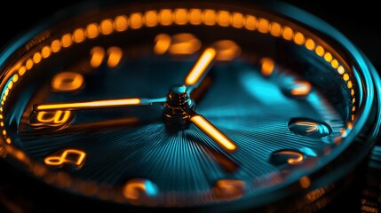 Alarm clock with a large, illuminated dial Close-up of the glowing numerals, soft light emission, subtle blurring of non-lit parts