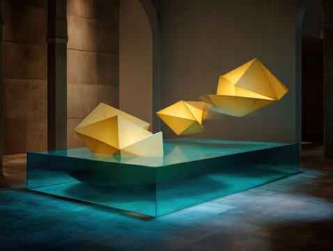 Geometric golden shapes above a blue reflective surface in a spacious interior