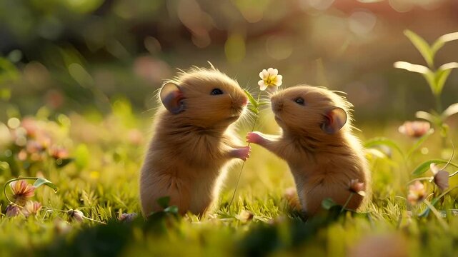 A closeup of a hamster in a field of grass and flowers, with a focus on its face and upper body. The hamster is in the act of interacting with a flower.