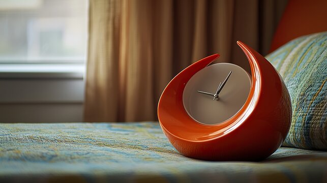 Alarm clock with a playful, irregular shape Detail of the quirky outline, smooth plastic, bright color, soft edge