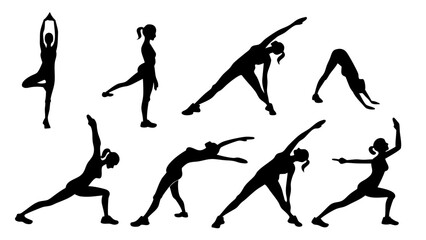 Obraz premium Collection of Female Fitness Silhouettes in Various Stretching Poses.