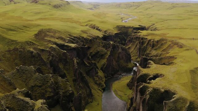 Iceland River Valley Thingvellir Volcanic Landscape Canyon Gorge Drone aerial 4K