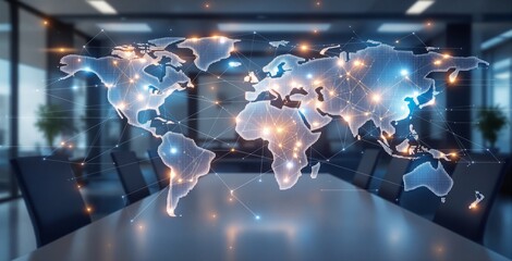 Digital world map with glowing network connections in modern corporate meeting room, symbolizing business communication and global technology concept. Ai generative