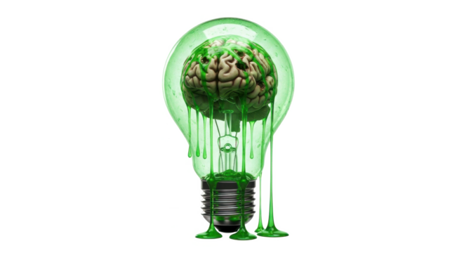 A lightbulb with a brain inside, melting with a green substance, symbolizing fading or lost ideas.