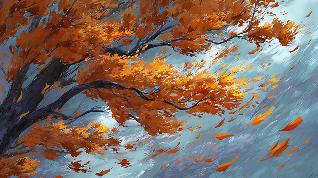 Powerful gusts of wind blowing autumn leaves off trees