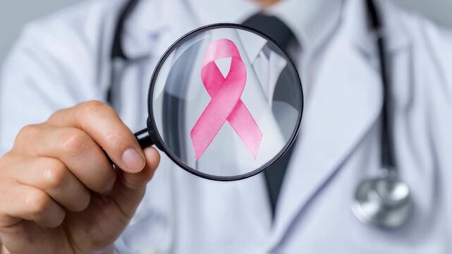 Doctor in medium frame holding a magnifier over a delicate mole as it visually transforms into a cancer ribbon emphasizing early skin cancer diagnosis and patient care.