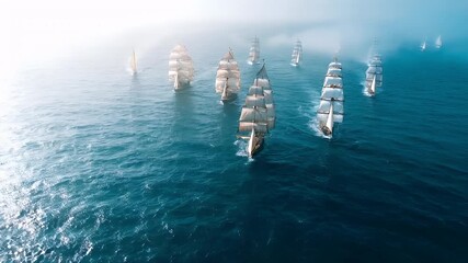 Aerial view of sailing ships in a vast expanse of blue sea under a misty sky. The ships are tall ships with white sails, and they are in various stages of formation.