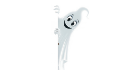 Cartoon ghost peeks around a corner, happy expression, white background.