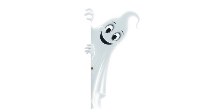 Cartoon ghost peeks around a corner, happy expression, white background.