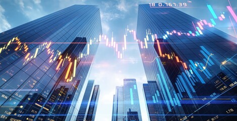 Futuristic stock market concept with candlestick chart overlay on skyscrapers in financial district under blue sky background. Ai generative