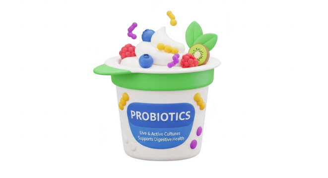 Illustration of a probiotic yogurt cup with berries and kiwi, representing healthy eating, gut health, and immune support, isolated on transparent background