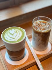 coffee and matcha at a cafe