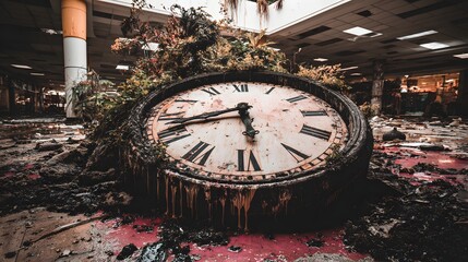 Large clock in a ruined interior setting.