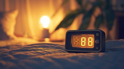 Alarm clock with a small, glowing digital display within a retro frame Detail of the digital numbers, soft glow, contrast with the analog frame.