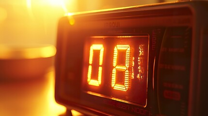 Alarm clock with a small, glowing digital display within a retro frame Detail of the digital numbers, soft glow, contrast with the analog frame.