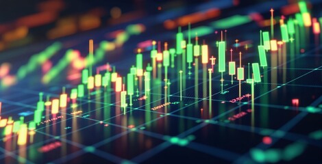 Colorful candlestick chart with glowing digital bars representing financial market activity and stock trading concept on a futuristic interface screen. Ai generative