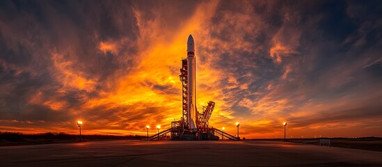 A rocket on the launch pad, ready for its mission against an epic sunset sky. The dramatic clouds add to the sense of anticipation and adventure 