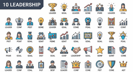 A collection of colorful line icons illustrating leadership concepts, goals, teamwork, and success.