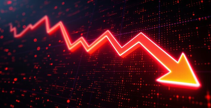 Glowing red arrow graph pointing downward symbolizing falling financial markets on futuristic digital background in business crisis concept scene. Ai generative