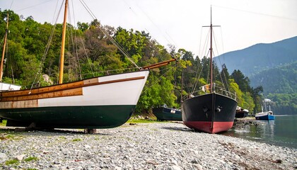 Three vintage sailboats rest on a pebbled shore near lush green hills and calm water