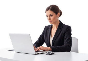 Professional woman in a suit typing on a laptop at a desk, isolated on transparent background