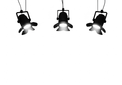 Three spotlights shining isolated on transparent background