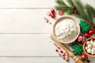 Flour in a bowl with Christmas-themed cookies, marshmallows, pine branches, and festive ornaments on a white wooden background.