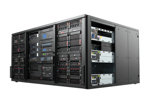 Modern data center server rack unit isolated on transparent background