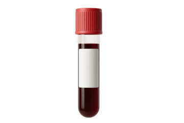 Blood test tube containing blood sample with blank label on transparent background