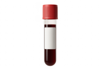 Blood test tube containing blood sample with blank label on transparent background