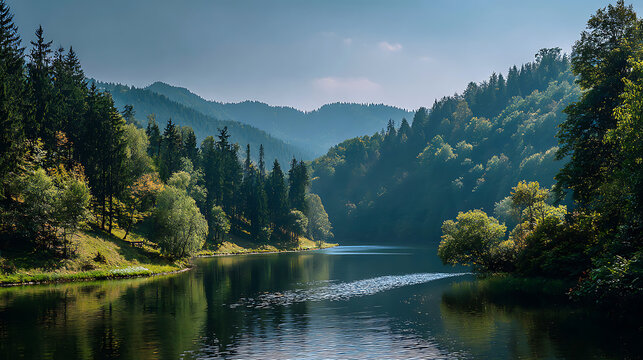 A serene lake view with dense woods and a distant mountain range against the horizon - Powered by Adobe