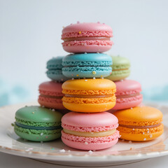 Stack of Colorful Macarons with Sprinkles on White Plate