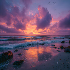 Fototapeta premium Glowing Purple Cloud at Sunset Over a Calm Ocean, landscape photography, golden hour, ultra wide, 8mm ultra wide, atmospheric haze