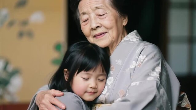 Anciana japonesa Abraza  ternura a su joven nieta
