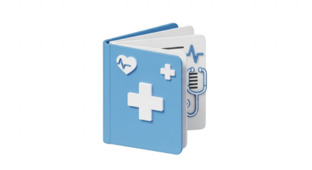 3d icon of medical book with health icons isolated on transparent background, representing healthcare, diagnosis, treatment, and patient information for medical professionals