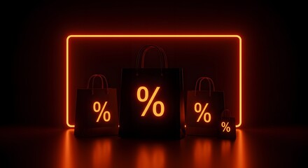 Black Friday sale shopping bags with percentage sign, neon background