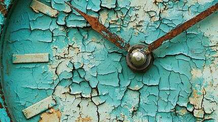 Fototapeta premium Alarm clock with a weathered, ocean-worn look (blue/green patina) Close-up of the rough, textured surface, salt corrosion effect, faded colors