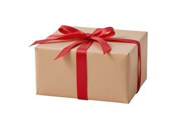 Obraz premium a gift box wrapped in brown paper, adorned with a vibrant red ribbon tied atop. this box is set against a stark white background, drawing immediate attention to its contents and presentation.