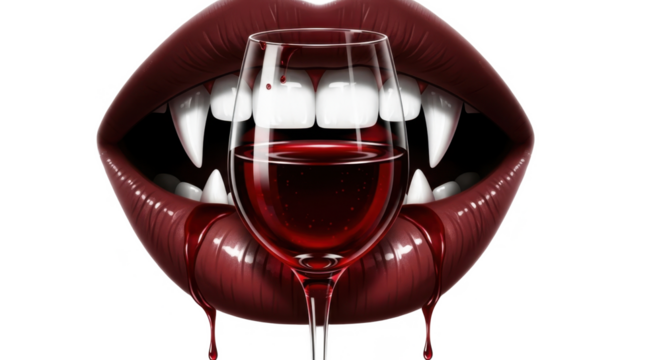 A stylized vampire mouth with fangs, drinking from a glass of red wine, dripping with blood.