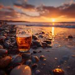 Golden Hour Beer on Beach Sunset, landscape photography, golden hour, ultra wide, 8mm ultra wide, atmospheric haze