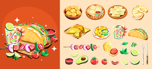 Hand Drawn Flat Icons Collection of Authentic Latin Cuisine