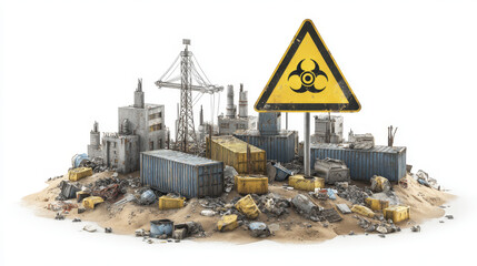 Biohazard warning sign near abandoned industrial site with scattered containers and debris, conveying hazardous and polluted environment with sense of danger and neglect