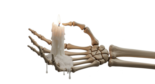 A skeletal hand holds a melting candle against a white background.
