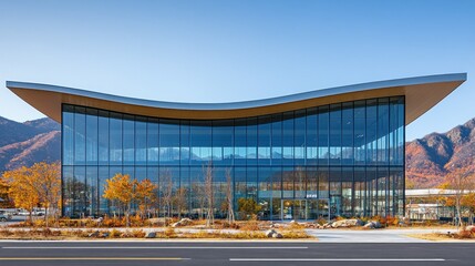 Obraz premium Modern Architectural Gem Nestled in Autumnal Mountain Scenery