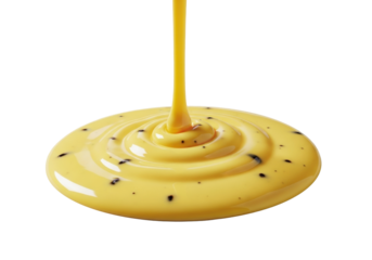 Extreme close-up of luxurious velvety crème anglaise, vibrant lustrous pale yellow pool with dark vanilla bean specks, shimmering on a transparent, culinary indulgence concept