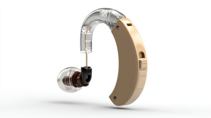 Hearing Aid for Elderly, A minimalist 3D illustration of a simple, easy-to-use behind-the-ear (BTE) hearing aid. Clean, straightforward design, targeting a specific demographic. 