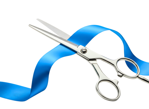Hand holding scissors cutting a BULEribbon isolated on transparent background